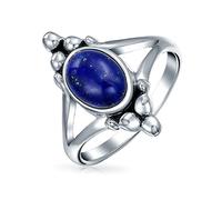 Boho Bali Style Oval Statement Blue Lapis Lazuli Gemstone Ring For Teen Split Shank Band Oxidized .925 Sterling Silver