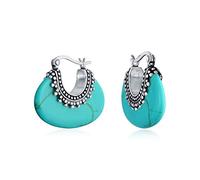 Boho Bali Style Tribal Blue Stabilized Turquoise Oval Half Crescent Hoop Earrings For Women Oxidized Milgrain Caviar Bead 925 Sterling Silver