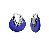 Boho Bali Style Tribal Created Blue Lapis Lazuli Oval Half Crescent Hoop Earrings For Women Oxidized Milgrain Caviar Bead 925 Sterling Silver