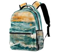 Boho Beach Coastal Teal Ocean Sunrise Pattern School Backpack for Men Women Casual Laptop Daypack College Bookbag