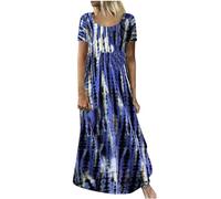 Boho Beach Dresses for Women UK Short Sleeve Crew Neck Maxi Dresses Vintage Printed Swing Long Dresses Summer Casual Holiday Dress Loose Flowy Dress Going Out Lounge Dress Blue