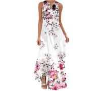 Boho Beach Dresses for Women UK Sleeveless V Neck Floral Print Maxi Dresses with Pocket Summer Casual Vintage Swing A-Line Sundress Going Out Lounge Dress Clearance Plus Size 22