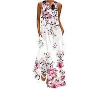 Boho Beach Dresses for Women UK Sleeveless V Neck Maxi Dresses Floral Print Long Dresses with Pocket Summer Casual Vintage Sundress Swing A-Line Dress Going Out Lounge Dress