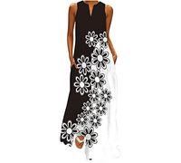 Boho Beach Dresses for Women UK Sleeveless V Neck Maxi Dresses Floral Print Long Dresses with Pocket Summer Casual Vintage Sundress Swing A-Line Dress Going Out Lounge Dress