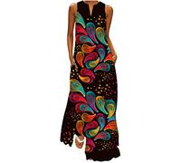 Boho Beach Dresses for Women UK Sleeveless V Neck Maxi Dresses Floral Print Long Dresses with Pocket Summer Casual Vintage Sundress Swing A-Line Dress Going Out Lounge Dress