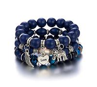 Boho Beaded Bracelet,Bohemian Stretch Bracelet Multilayered Beaded Bracelets for Women Men Natural Turquoise Bangle Charm Elephant Wings Heart Pendant Friendship Bracelet,Navy Blue