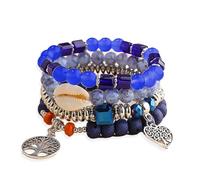 Boho Beaded Bracelets, Women's Blue Series Glass Bead Bracelet, Tree of Life Pendant, Elastic Gorgeous Bracelet Pair with Bohemian Clothing, a Stylish Gift set of 4