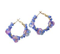 Boho Beaded Flower Butterfly Hoop Earrings for Women, Gold-Tone Wire-Wrapped Multicolor Crystal Bead Drop Earrings, Bohemian Summer Statement Jewelry, Zinc, No Gemstone