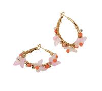 Boho Beaded Flower Butterfly Hoop Earrings for Women, Gold-Tone Wire-Wrapped Multicolor Crystal Bead Drop Earrings, Bohemian Summer Statement Jewelry, Zinc, No Gemstone