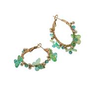 Boho Beaded Flower Butterfly Hoop Earrings for Women, Gold-Tone Wire-Wrapped Multicolor Crystal Bead Drop Earrings, Bohemian Summer Statement Jewelry, Zinc, No Gemstone
