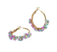 Boho Beaded Flower Butterfly Hoop Earrings for Women, Gold-Tone Wire-Wrapped Multicolor Crystal Bead Drop Earrings, Bohemian Summer Statement Jewelry, Zinc, No Gemstone