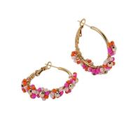 Boho Beaded Flower Butterfly Hoop Earrings for Women, Gold-Tone Wire-Wrapped Multicolor Crystal Bead Drop Earrings, Bohemian Summer Statement Jewelry, Zinc, No Gemstone