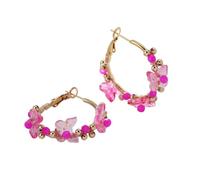 Boho Beaded Flower Butterfly Hoop Earrings for Women, Gold-Tone Wire-Wrapped Multicolor Crystal Bead Drop Earrings, Bohemian Summer Statement Jewelry, Zinc, No Gemstone