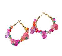Boho Beaded Flower Butterfly Hoop Earrings for Women, Gold-Tone Wire-Wrapped Multicolor Crystal Bead Drop Earrings, Bohemian Summer Statement Jewelry, Zinc, No Gemstone