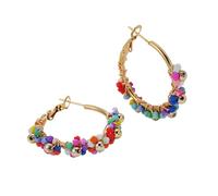 Boho Beaded Flower Butterfly Hoop Earrings for Women, Gold-Tone Wire-Wrapped Multicolor Crystal Bead Drop Earrings, Bohemian Summer Statement Jewelry, Zinc, No Gemstone