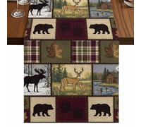 Boho Bear Deer Table Runner, Rustic Cabin Country Forest Mountain Leaf Cotton and Table Linen Runner for Kitchen Dining Home Decor for Party Festival Holiday Decoration Gift 13x108in