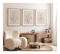 Boho Beige Canvas Wall Art Set of 3 - Botanical Minimalist Prints, Neutral Wall Decor for Bedroom - 24x36 Inch Unframed