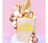 Boho Birthday Decoration 40 Birthday Cake Decoration Topper Beige White Balls Cake Topper 40th Happy Birthday Cake Toppers