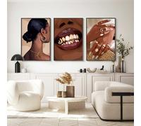 Boho Black Girl Wall Art - African American Women Canvas Set of 3 - 16x24 Inch Unframed for Bedroom