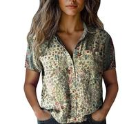 Boho Blouse Women's with Stand-Up Collar Elegant Summer Blouses Casual Short Sleeve Tops Fashion Summer Blouses Floral Pattern Bohemian Clothing Unusual Blouses Women's Blouses Large Sizes Top, Green