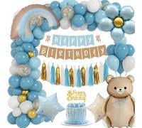 Boho Blue Birthday Decoration Set for Girls Boys - Bear Happy Banner, Foil Balloon, Paper Tassels for First Birthday Party Baby Shower