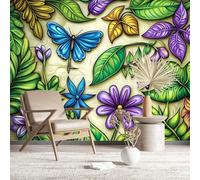 Boho Blue Butterfly Floral Pattern Wall Mural, Large Vivid HD Wall Art, Custom Size Self-Adhesive Wallpaper, Removable Wallpaper for Bedroom Home Decor