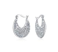 Boho Bohemian Bali Floral Open Wire Medium 3D Scroll Filigree Hoop Earrings For Women Teen .925 Sterling Silver .75 Inch Diameter