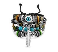 Boho Bohemian Spiritual Leaf Brown Genuine Leather Rope Braid Wrap Multi Layer Turquoise Wood Bead Evil Eye Feather Charm Wristband Bolo Bracelet Western Jewelry For Women Men Adjustable