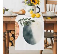 Boho Botanical Leaf Table Runner 13x70 Inches Long Modern Abstract Orange Art Stripe Circle Cotton Linen Table Runner Burlap Style for Dinner Table Party Decor Tabletop Decorations