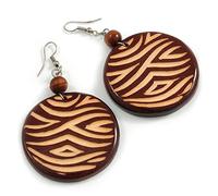 Boho - Brown Wooden Round Disk Drop Earrings - 70mm Length - Curvy Lines Pattern