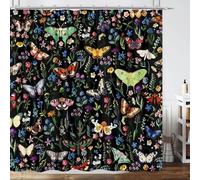 Boho Butterfly Floral Shower Curtain, Bright Abstract Bohemian Plant Flower Botanical Moth Shower Curtains, Black Modern Aesthetic Chic Fabric Shower Curtain Bathroom Accessories 12 Pack Hooks, 60X72