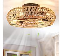 Boho Ceiling Fans with Lights and Remote, Rattan Caged Ceiling Fan, Farmhouse Bamboo Flush Mount Ceiling Fan for Bedroom, Living Room, Kitchen Enclosed Industrial Ceiling Fan 6 Speed Reversible (a)