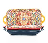 Boho Ceramic Serving Platters with Handles Set of 4, 12Inch Large Serving Dishes for Entertaining, Colorful Cute Porcelain Serving Plates for Sandwich, Appetizer, Fruit, Microwave Oven Safe Mix-color