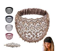 Boho Chic Crystal ＆ Pearl Headband, Hollow Elegant Floral Beaded Lace Head Coverings, Plum Blossom Fashionable Beadwork Flower Stretch Headband for Women & All Head Shapes (Khaki, 1PC)