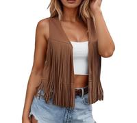 Boho Chic Fringe Vest for Women Soft Faux Suede 70s Vintage Western Waistcoat with Detailing Tassels, Sleeveless Open Front Festival Outfit Y2K Coffee