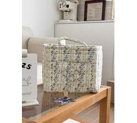 Boho-Chic Quilted Floral Storage Basket, Quilted Storage Basket, Storage Quilted Fabric Laundry Basket with Handles, Foldable Floral Organizer Bin for Home, Travel, Picnic, Shopping, Laundry (A)