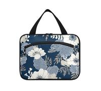 Boho Chic Web Leaves White Flowers Navy Hanging Travel Toiletry Bag Hanging with Hook, Designer Washable Skin Care Bag for Women Traveling Cruises bolso de maquillaje para Mujer