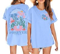 Boho Christian Shirts for Women Oversized Vintage Floral Tshirt Religious Jesus Tees Bible Verse Short Sleeve Faith Tops, Blue-3, L