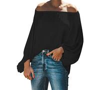 Boho Clothes for Women Women's Spring and Summer Off Shoulder One Shoulder Plain Color Simple Sleeve Loose Long Sleeved T Shirt Casual Womens Ladies mesh Tops Womens Boho top Black