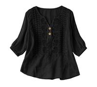 Boho Clothes Women UK 3/4 Sleeve Linen Tops for Women UK Cotton Boho Embroidery Jacquard Tunic Top Summer Dressy Casual Elegant Button V Neck Peasant Blouses Retro Elbow Length T Shirts Black