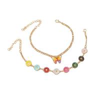 Boho Colorful Daisy Butterfly Charm Layered Anklet for Women Dainty Cute Stacked 2 Piece Set Flowers Bead Ankle Bracelets Adjustable Figaro Chain Barefoot Sandals Bohemian Summer Beach Foot Jewelry