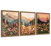 Boho Colorful Landscape wall art Wildflower Mountain Wall Decor Vintage Floral Forest Paintings Rustic Nature Pictures Canvas Prints for Living Room Bedroom Dining Room 12x16 Inch Wood Framed