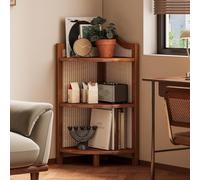 Boho Corner Shelf Organizer, 3/4/5-Tier Narrow Bookshelf with Open Rattan Shelves, Freestanding Wood Display Unit for Living Room, Kitchen, Bedroom, Home Office (13"x13"x29.9")