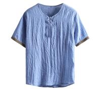 Boho Cotton Linen Shirt for Men UK Frog Buttons V Neck Blouse Summer Short Sleeve Bohemian T Shirts Vintage Linen Peasant Tops Casual Lightweight Tshirt Comfy Loose Fit Tee Shirts