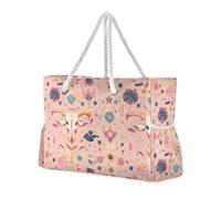 Boho Cow Pattern Simple Pastel Sandproof Big Tote Bag with side pocketes Bag For School with cup holders on the side