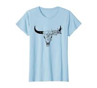 Boho Cow Skull Bohemian Floral Cow Skull T-Shirt, Women, Baby Blue, Small