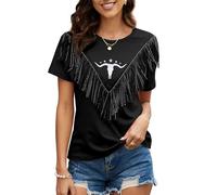 Boho Cow Skull Shirt Women Cowgirl t Shirt Vintage Western Rodeo Graphic Tee Short Sleeve Bull Skull Casual Top, Fringe-black, XL