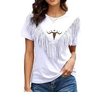 Boho Cow Skull Shirt Women Cowgirl t Shirt Vintage Western Rodeo Graphic Tee Short Sleeve Bull Skull Casual Top, Fringe-white, M
