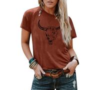 Boho Cow Skull Shirt Women Cowgirl t Shirt Vintage Western Rodeo Graphic Tee Short Sleeve Bull Skull Casual Top, Brown2, M
