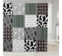 Boho Cowboy Shower Curtain Aztec Bull Skull Cactus Stripes Shower Curtain for Kids Girls Boys Cow Print Grid Patchwork Bath Curtains with 12 Hooks Suits Brown Gray Waterproof Curtains 72" W x 72" L